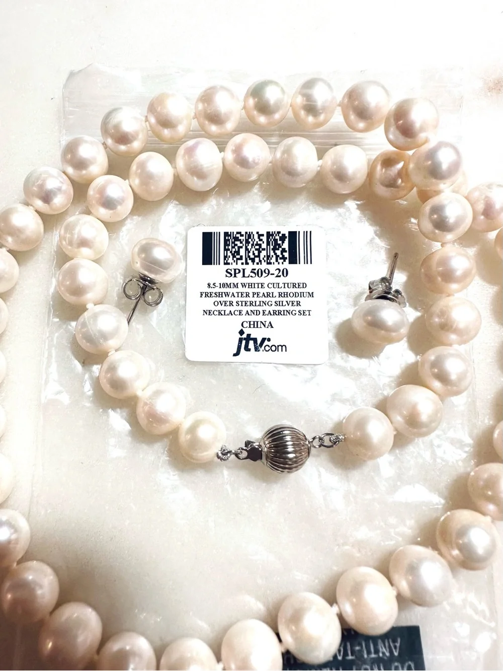 White Cultured Freshwater Pearl Rhodium over Sterling Silver Necklace & Earrings